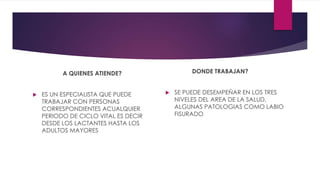 DONDE TRABAJAN?
SE PUEDE DESEMPEÑAR EN LOS TRES
NIVELES DEL AREA DE LA SALUD,
ALGUNAS PATOLOGIAS COMO LABIO
FISURADO
A QUIENES ATIENDE?
ES UN ESPECIALISTA QUE PUEDE
TRABAJAR CON PERSONAS
CORRESPONDIENTES ACUALQUIER
PERIODO DE CICLO VITAL ES DECIR
DESDE LOS LACTANTES HASTA LOS
ADULTOS MAYORES
