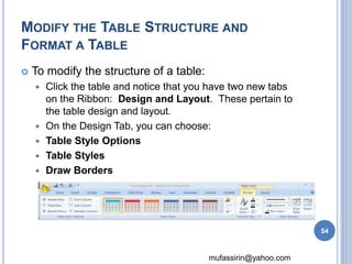 MODIFY THE TABLE STRUCTURE AND 
FORMAT A TABLE 
mufassirin@yahoo.com 
 To modify the structure of a table: 
 Click the table and notice that you have two new tabs 
on the Ribbon: Design and Layout. These pertain to 
the table design and layout. 
 On the Design Tab, you can choose: 
 Table Style Options 
 Table Styles 
 Draw Borders 
54 
 