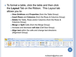  To format a table, click the table and then click 
the Layout Tab on the Ribbon. This Layout tab 
allows you to: 
 View Gridlines and Properties (from the Table Group) 
 Insert Rows and Columns (from the Rows & Columns Group) 
 Delete the Table, Rows and/or Columns (from the Rows & 
Columns Group) 
 Merge or Split Cells (from the Merge Group) 
 Increase and decrease cell size (Cell Size Group) 
 Align text within the cells and change text directions 
(Alignment Group) 
mufassirin@yahoo.com 
55 
 