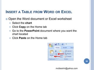 INSERT A TABLE FROM WORD OR EXCEL 
 Open the Word document or Excel worksheet 
mufassirin@yahoo.com 
 Select the chart 
 Click Copy on the Home tab 
 Go to the PowerPoint document where you want the 
chart located 
 Click Paste on the Home tab 
56 
 