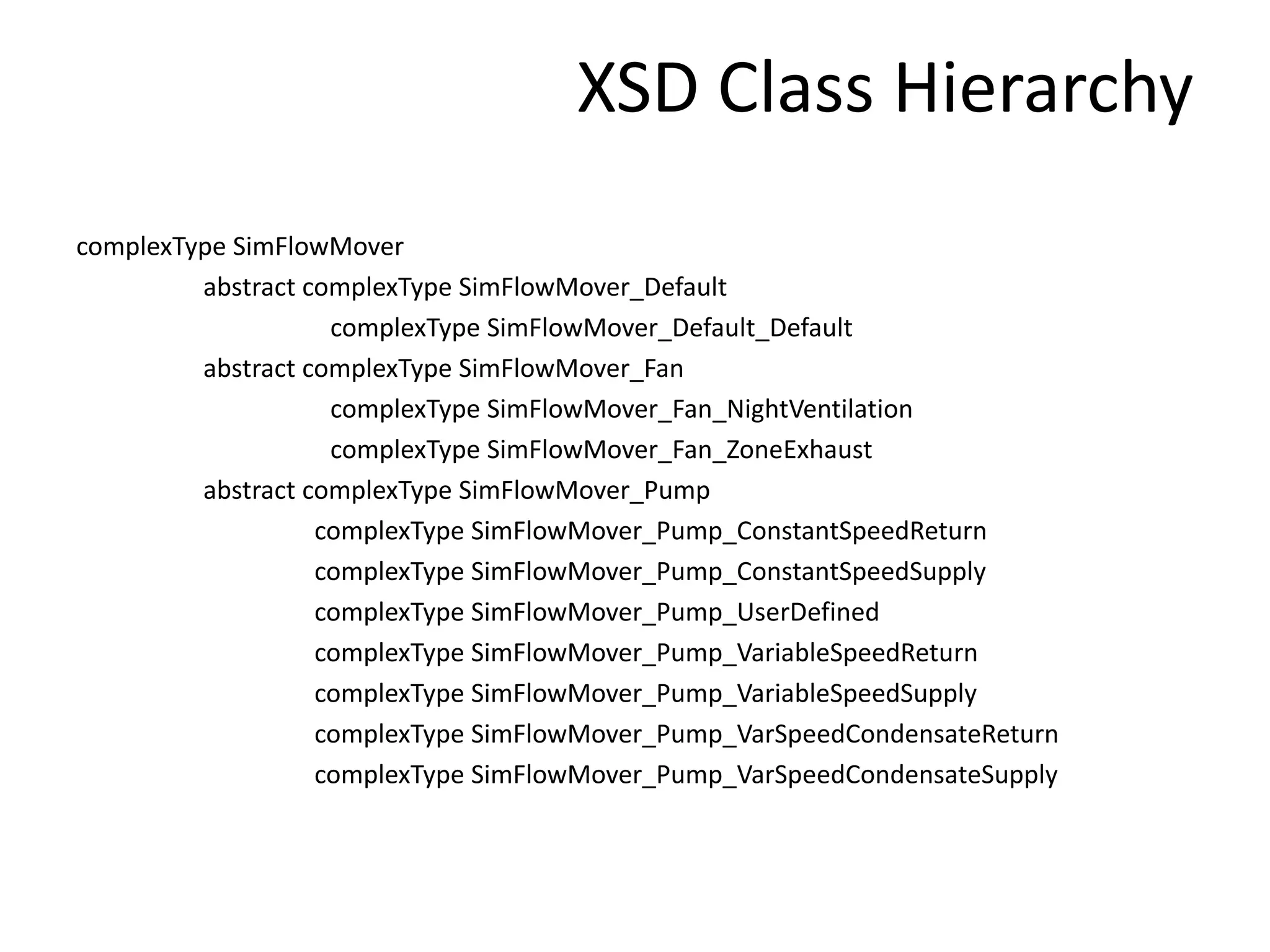 complexType SimFlowMover 
XSD Class Hierarchy 
abstract complexType SimFlowMover_Default 
complexType SimFlowMover_Default_Default 
abstract complexType SimFlowMover_Fan 
complexType SimFlowMover_Fan_NightVentilation 
complexType SimFlowMover_Fan_ZoneExhaust 
abstract complexType SimFlowMover_Pump 
complexType SimFlowMover_Pump_ConstantSpeedReturn 
complexType SimFlowMover_Pump_ConstantSpeedSupply 
complexType SimFlowMover_Pump_UserDefined 
complexType SimFlowMover_Pump_VariableSpeedReturn 
complexType SimFlowMover_Pump_VariableSpeedSupply 
complexType SimFlowMover_Pump_VarSpeedCondensateReturn 
complexType SimFlowMover_Pump_VarSpeedCondensateSupply 
 