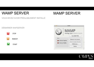 WAMP SERVER 
VOUS DEVEZ AVOIR PRÉALABLEMENT INSTALLÉ 
DÉMARRER WAPSERVER 
STOP 
REBOOT 
START 
MAMP SERVER 
 