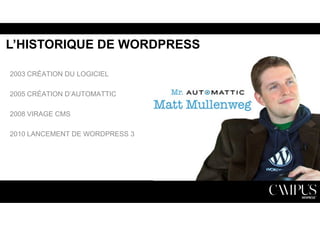 L’HISTORIQUE DE WORDPRESS 
2003 CRÉATION DU LOGICIEL 
2005 CRÉATION D’AUTOMATTIC 
2008 VIRAGE CMS 
2010 LANCEMENT DE WORDPRESS 3 
 
