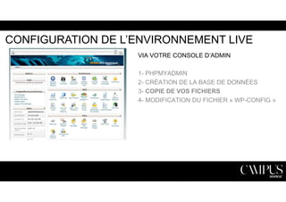 CONFIGURATION DE L’ENVIRONNEMENT LIVE 
VIA VOTRE CONSOLE D’ADMIN 
1- PHPMYADMIN 
2- CRÉATION DE LA BASE DE DONNÉES 
3- COPIE DE VOS FICHIERS 
4- MODIFICATION DU FICHIER « WP-CONFIG » 
 