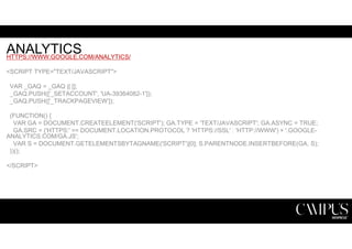 ANALYTICS 
HTTPS://WWW.GOOGLE.COM/ANALYTICS/ 
<SCRIPT TYPE="TEXT/JAVASCRIPT"> 
VAR _GAQ = _GAQ || []; 
_GAQ.PUSH(['_SETACCOUNT', 'UA-39364082-1']); 
_GAQ.PUSH(['_TRACKPAGEVIEW']); 
(FUNCTION() { 
VAR GA = DOCUMENT.CREATEELEMENT('SCRIPT'); GA.TYPE = 'TEXT/JAVASCRIPT'; GA.ASYNC = TRUE; 
GA.SRC = ('HTTPS:' == DOCUMENT.LOCATION.PROTOCOL ? 'HTTPS://SSL' : 'HTTP://WWW') + '.GOOGLE-ANALYTICS. 
COM/GA.JS'; 
VAR S = DOCUMENT.GETELEMENTSBYTAGNAME('SCRIPT')[0]; S.PARENTNODE.INSERTBEFORE(GA, S); 
})(); 
</SCRIPT> 
 