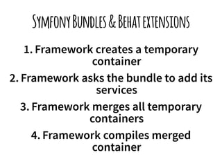 Symfony Bundles & Behat extensions 
1. Framework creates a temporary 
container 
2. Framework asks the bundle to add its 
services 
3. Framework merges all temporary 
containers 
4. Framework compiles merged 
container 
 