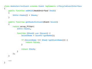 class HooksCarrierEvent extends Event implements LifecycleEventInterface 
{ 
public function addHook(HookInterface $hook) 
{ 
$this->hooks[] = $hook; 
} 
public function getHooksForEvent(Event $event) 
{ 
return array_filter( 
$this->hooks, 
function ($hook) use ($event) { 
$eventName = $event->getName(); 
if ($eventName !== $hook->getEventName()) { 
return false; 
} 
return $hook; 
} 
); 
} 
... 
} 
 
