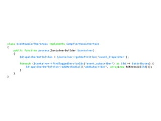 class EventSubscribersPass implements CompilerPassInterface 
{ 
public function process(ContainerBuilder $container) 
{ 
$dispatcherDefinition = $container->getDefinition('event_dispatcher'); 
foreach ($container->findTaggedServiceIds('event_subscriber') as $id => $attributes) { 
$dispatcherDefinition->addMethodCall('addSubscriber', array(new Reference($id))); 
} 
} 
} 
 