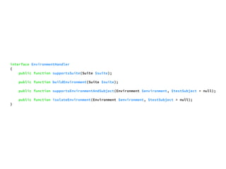 interface EnvironmentHandler 
{ 
public function supportsSuite(Suite $suite); 
public function buildEnvironment(Suite $suite); 
public function supportsEnvironmentAndSubject(Environment $environment, $testSubject = null); 
public function isolateEnvironment(Environment $environment, $testSubject = null); 
} 
 