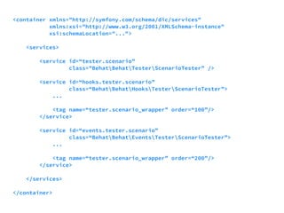 <container xmlns="http://symfony.com/schema/dic/services" 
xmlns:xsi="http://www.w3.org/2001/XMLSchema-instance" 
xsi:schemaLocation="..."> 
<services> 
<service id=“tester.scenario” 
class="BehatBehatTesterScenarioTester” /> 
<service id=“hooks.tester.scenario” 
class=“BehatBehatHooksTesterScenarioTester”> 
... 
<tag name=“tester.scenario_wrapper” order=“100”/> 
</service> 
<service id=“events.tester.scenario” 
class=“BehatBehatEventsTesterScenarioTester”> 
... 
<tag name=“tester.scenario_wrapper” order=“200”/> 
</service> 
</services> 
</container> 
 