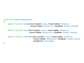 interface ScenarioStepTester 
{ 
public function setUp(Environment $env, FeatureNode $feature, 
ScenarioNode $scenario, StepNode $step, $skip); 
public function test(Environment $env, FeatureNode $feature, 
ScenarioNode $scenario, StepNode $step, $skip); 
public function tearDown(Environment $env, FeatureNode $feature, 
ScenarioNode $scenario, StepNode $step, $skip, 
StepResult $result); 
} 
 