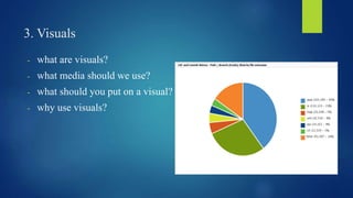3. Visuals 
- what are visuals? 
- what media should we use? 
- what should you put on a visual? 
- why use visuals? 
 