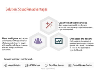 Solution: SquadRun advantages 
Private & Confidential 
Player intelligence and access 
Our mobile workforce comprises 
of educated, tech savvy players 
with local knowledge and access 
who are also your ultimate 
consumers. 
Cost-effective flexible workforce 
Gain access to a scalable on-demand 
workforce on a pay-as-you-go basis with no 
capital investment. 
Great speed and delivery 
24/7 access to thousands of 
qualified workers reporting on-ground 
data which can be seen 
as soon as it is captured on 
your dashboard. 
How can businesses trust the work- 
 