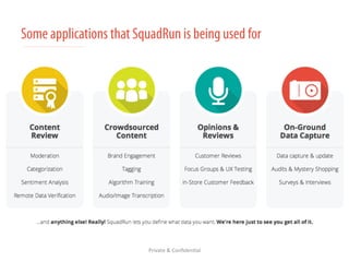 Some applications that SquadRun is being used for 
On-ground Data 
Capture & Verification 
Screen 
Shot 
2014-­‐08-­‐27 
at 
1.02.41 
PM 
In-store Customer 
Feedback 
Content Moderation 
Outreach & 
Distribution 
Focus Groups & 
Concept Testing 
Categorization & 
Tagging 
Surveys & Interviews 
In-store Audits & Customer Reviews 
Mystery Shopping 
Private 
& 
Confiden/al 
 