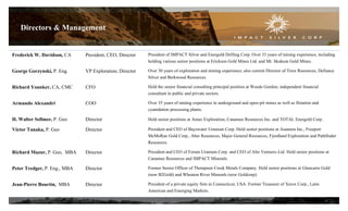 Frederick W. Davidson, CA 
President, CEO, Director 
President of IMPACT Silver and Energold Drilling Corp. Over 33 years of mining experience, including holding various senior positions at Erickson Gold Mines Ltd. and Mt. Skukum Gold Mines. 
George Gorzynski, P. Eng. 
VP Exploration, Director 
Over 30 years of exploration and mining experience; also current Director of Tirex Resources, Defiance Silver and Berkwood Resources. 
Richard Younker, CA, CMC 
CFO 
Held the senior financial consulting principal position at Woods Gordon; independent financial consultant in public and private sectors. 
Armando Alexandri 
COO 
Over 35 years of mining experience in underground and open-pit mines as well as flotation and cyanidation processing plants. 
H. Walter Sellmer, P. Geo 
Director 
Held senior positions at Amax Exploration, Canamax Resources Inc. and TOTAL Energold Corp. 
Victor Tanaka, P. Geo 
Director 
President and CEO of Bayswater Uranium Corp. Held senior positions at Asamera Inc., Freeport McMoRan Gold Corp., Aber Resources, Major General Resources, Fjordland Exploration and Pathfinder Resources. 
Richard Mazur, P. Geo, MBA 
Director 
President and CEO of Forum Uranium Corp. and CEO of Alto Ventures Ltd. Held senior positions at Canamax Resources and IMPACT Minerals. 
Peter Tredger, P. Eng., MBA 
Director 
Former Senior Officer of Thompson Creek Metals Company. Held senior positions at Glencairn Gold (now B2Gold) and Wheaton River Minerals (now Goldcorp). 
Jean-Pierre Bourtin, MBA 
Director 
President of a private equity firm in Connecticut, USA. Former Treasurer of Xerox Corp., Latin American and Emerging Markets. 
Directors & Management 
4  