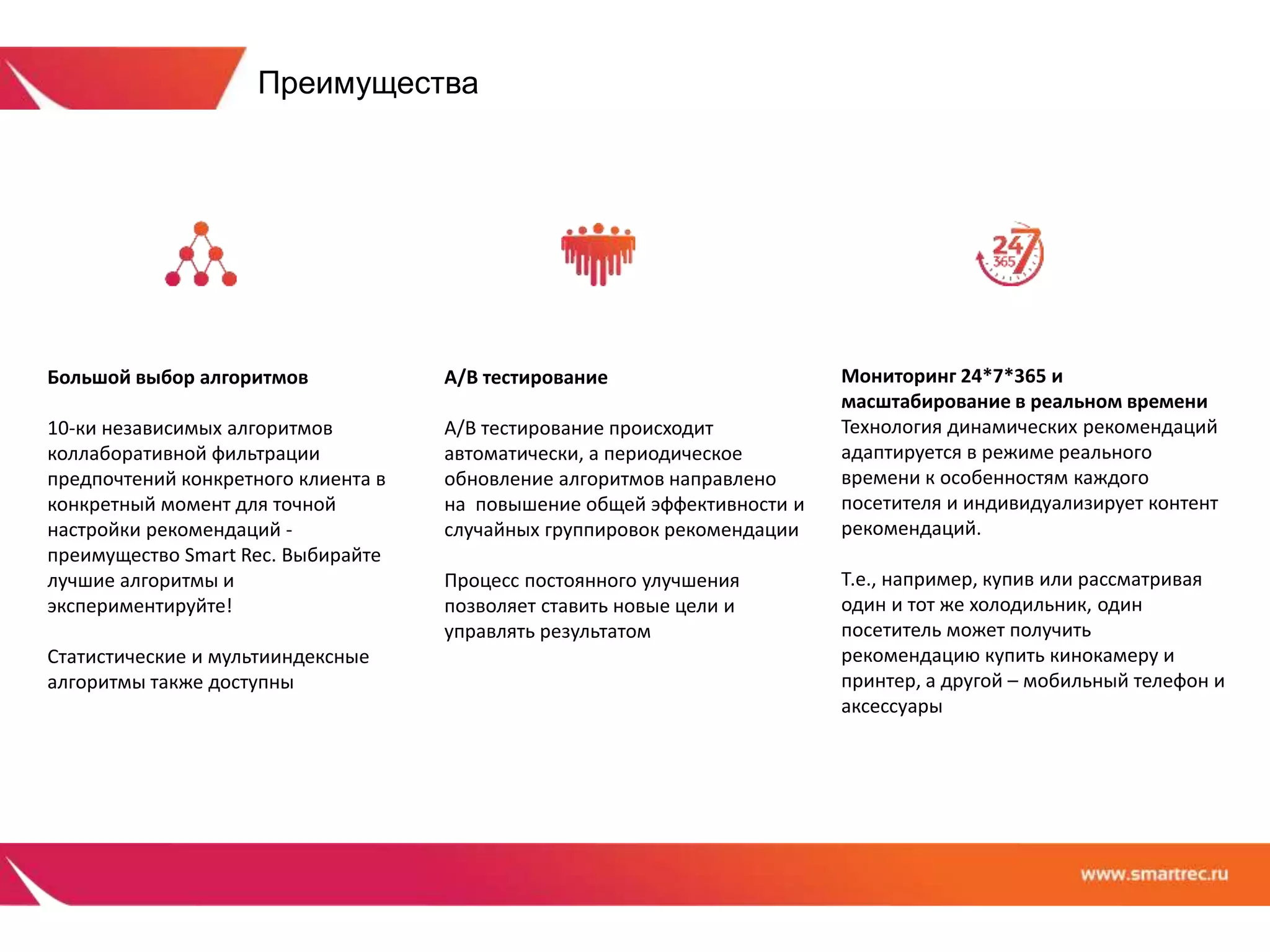 Преимущества 
Большой выбор алгоритмов 
10-ки независимых алгоритмов 
коллаборативной фильтрации 
предпочтений конкретного клиента в 
конкретный момент для точной 
настройки рекомендаций - 
преимущество Smart Rec. Выбирайте 
лучшие алгоритмы и 
экспериментируйте! 
Статистические и мультииндексные 
алгоритмы также доступны 
А/В тестирование 
А/В тестирование происходит 
автоматически, а периодическое 
обновление алгоритмов направлено 
на повышение общей эффективности и 
случайных группировок рекомендации 
Процесс постоянного улучшения 
позволяет ставить новые цели и 
управлять результатом 
Мониторинг 24*7*365 и 
масштабирование в реальном времени 
Технология динамических рекомендаций 
адаптируется в режиме реального 
времени к особенностям каждого 
посетителя и индивидуализирует контент 
рекомендаций. 
Т.е., например, купив или рассматривая 
один и тот же холодильник, один 
посетитель может получить 
рекомендацию купить кинокамеру и 
принтер, а другой – мобильный телефон и 
аксессуары 
 