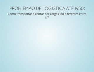 PROBLEMÃO DE LOGÍSTICA ATÉ 1950: 
Como transportar e cobrar por cargas tão diferentes entre 
si? 
 