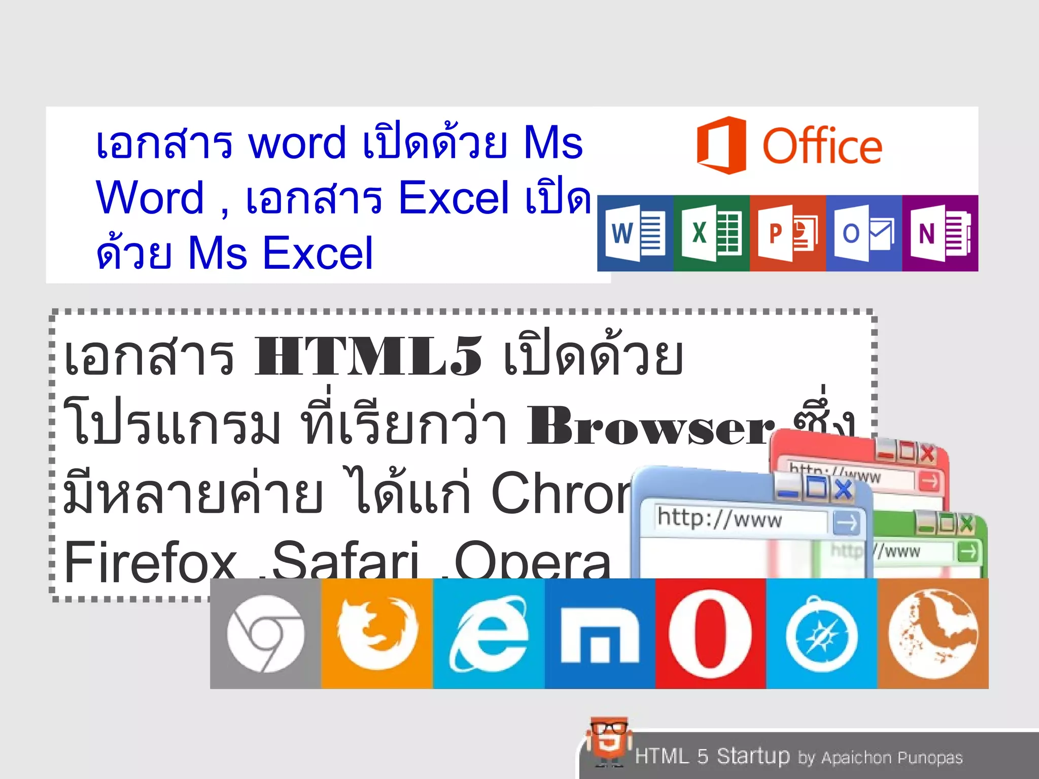 เอกสาร word เปิดด้วย Ms 
Word , เอกสาร Excel เปิด 
ด้วย Ms Excel 
เอกสาร HTML5 เปิดด้วย 
โปรแกรม ที่เรียกว่า Browser ซึ่ง 
มีหลายค่าย ได้แก่ Chrome , 
Firefox ,Safari ,Opera ,IE 
 