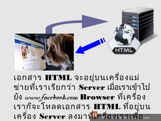 เอกสาร HTML จะอยบู่นเครื่องแม่ 
ข่ายที่เราเรียกว่า Server เมื่อเราเขา้ไป 
ยัง www.facebook.com Browser ที่เครื่อง 
เราก็จะโหลดเอกสาร HTML ที่อยบู่น 
เครื่อง Server ลงมาที่เครื่องเราเพอื่ 
แสดงผล 
 