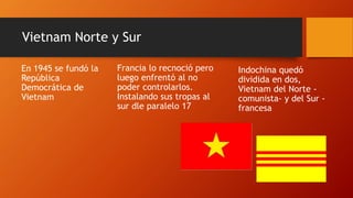 Vietnam Norte y Sur 
En 1945 se fundó la 
República 
Democrática de 
Vietnam 
Francia lo recnoció pero 
luego enfrentó al no 
poder controlarlos. 
Instalando sus tropas al 
sur dle paralelo 17 
Indochina quedó 
dividida en dos, 
Vietnam del Norte - 
comunista- y del Sur - 
francesa 
 