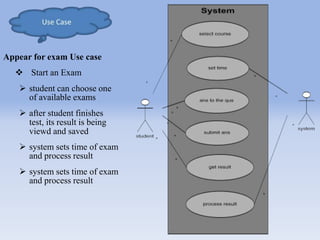 Appear for exam Use case 
 Start an Exam 
 student can choose one 
of available exams 
 after student finishes 
test, its result is being 
viewd and saved 
 system sets time of exam 
and process result 
 system sets time of exam 
and process result 
 