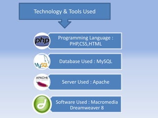 Technology & Tools Used 
Programming Language : 
PHP,CSS,HTML 
Database Used : MySQL 
Server Used : Apache 
Software Used : Macromedia 
Dreamweaver 8 
 