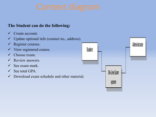 Context diagram 
The Student can do the following: 
 Create account. 
 Update optional info (contact no., address). 
 Register courses. 
 View registered course. 
 Choose exam. 
 Review answers. 
 See exam mark. 
 See total GPA. 
 Download exam schedule and other material. 
 