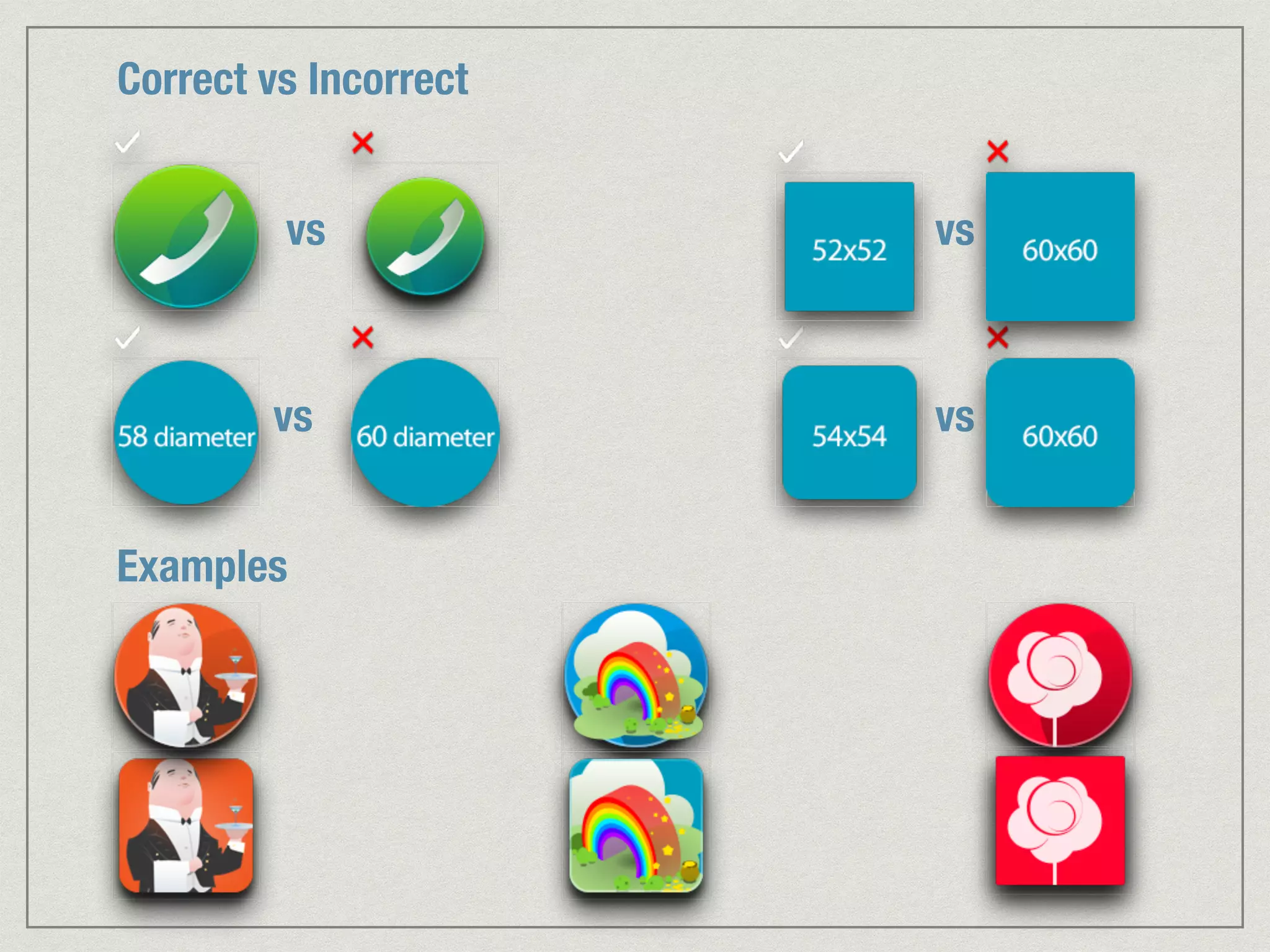 Correct vs Incorrect 
vs 
vs vs 
Examples 
vs 
 