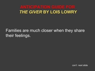 ANTICIPATION GUIDE FOR 
THE GIVER BY LOIS LOWRY 
Families are much closer when they share 
their feelings. 
con’t next slide 
 