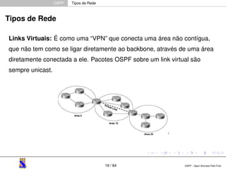 OSPF Tipos de Rede 
Tipos de Rede 
Links Virtuais: É como uma “VPN” que conecta uma área não contígua, 
que não tem como se ligar diretamente ao backbone, através de uma área 
diretamente conectada a ele. Pacotes OSPF sobre um link virtual são 
sempre unicast. 
19 / 84 OSPF - Open Shortest Path First 
 