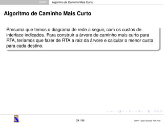 OSPF Algoritmo de Caminho Mais Curto 
Algoritmo de Caminho Mais Curto 
Presuma que temos o diagrama de rede a seguir, com os custos de 
interface indicados. Para construir a árvore de caminho mais curto para 
RTA, teríamos que fazer de RTA a raiz da árvore e calcular o menor custo 
para cada destino. 
24 / 84 OSPF - Open Shortest Path First 
 