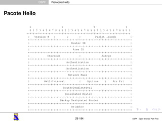 OSPF Protocolo Hello 
Pacote Hello 
29 / 84 OSPF - Open Shortest Path First 
 