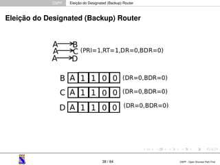 OSPF Eleição do Designated (Backup) Router 
Eleição do Designated (Backup) Router 
38 / 84 OSPF - Open Shortest Path First 
 