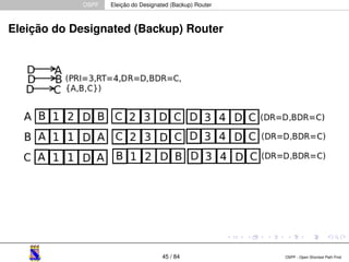 OSPF Eleição do Designated (Backup) Router 
Eleição do Designated (Backup) Router 
45 / 84 OSPF - Open Shortest Path First 
 