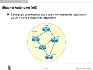 Alguns Conceitos de Roteamento na 
Internet 
Sistema Autônomo (AS) 
É um grupo de roteadores que trocam informações de roteamento 
via um mesmo protocolo de roteamento. 
5 / 84 OSPF - Open Shortest Path First 
 