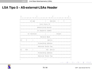 OSPF Link-State Advertisements (LSAs) 
LSA Tipo 5 - AS-external-LSAs Header 
78 / 84 OSPF - Open Shortest Path First 
 