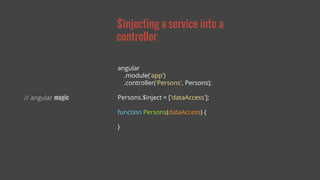 $injecting a service into a 
controller 
// angular magic 
angular 
.module('app') 
.controller('Persons', Persons); 
Persons.$inject = ['dataAccess']; 
function Persons(dataAccess) { 
} 
 
