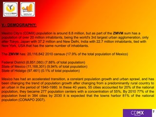 V.- DEMOGRAPHY: 
Mexico City’s (CDMX) population is around 8.8 million, but as part of the ZMVM sum has a 
population of over 20 million inhabitants, being the world's 3rd largest urban agglomeration, only 
after Tokyo, Japan with 37.2 million and New Delhi, India with 22.7 million inhabitants, tied with 
New York, USA that has the same number of inhabitants. 
The ZMVM has: 20,116,842 2010 census (17.9% of the total population of Mexico) 
Federal District (8,851,080) (7.88% of total population) 
State of Mexico (11,168,301) (9.94% of total population) 
State of Hidalgo (97.461) (0.1% of total population) 
Mexico has had an accelerated transition, a constant population growth and urban sprawl, and has 
been changing the trend of population growth after changing from a predominantly rural country to 
an urban in the period of 1940-1980. In these 40 years, 55 cities accounted for 20% of the national 
population, they became 277 population centers with a concentration of 55%. By 2010 77% of the 
population lived in 384 cities by 2030 it is expected that the towns harbor 81% of the national 
population (CONAPO 2007). 
7 
 