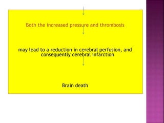 Both the increased pressure and thrombosis
may lead to a reduction in cerebral perfusion, and
consequently cerebral infarction
Brain death
 