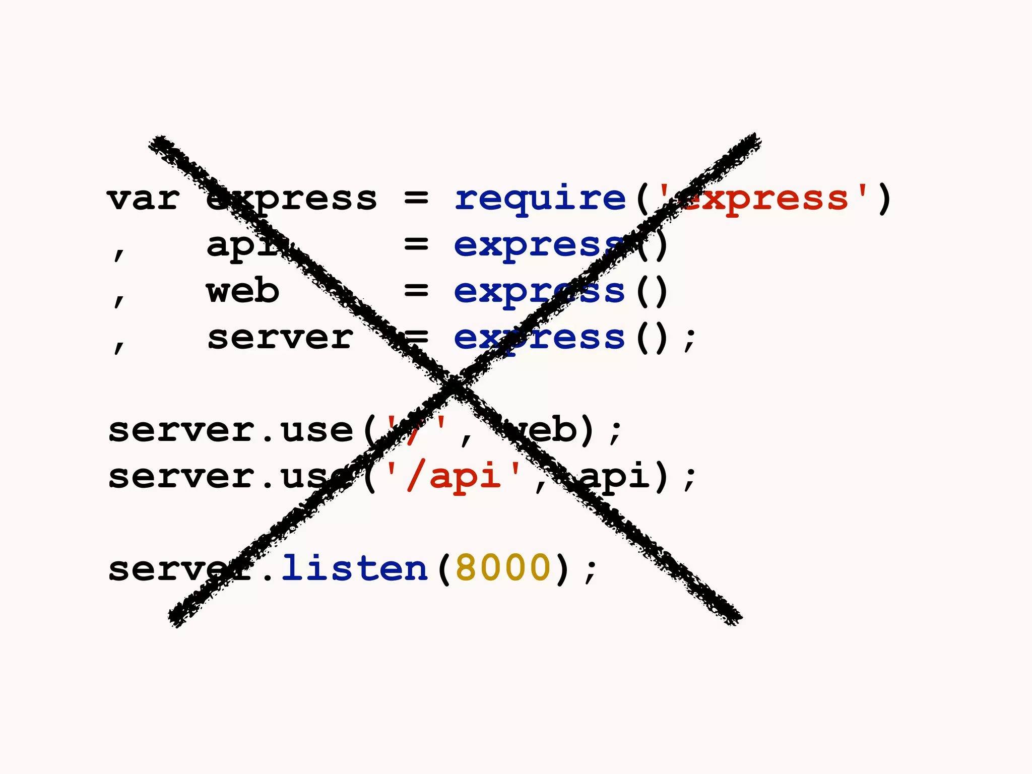 var express = require('express') 
, api = express() 
, web = express() 
, server = express(); 
server.use('/', web); 
server.use('/api', api); 
server.listen(8000); 
 