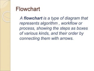 Flowchart 
A flowchart is a type of diagram that 
represents algorithm , workflow or 
process, showing the steps as boxes 
of various kinds, and their order by 
connecting them with arrows. 
 