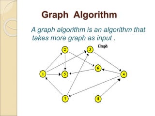 Graph Algorithm 
A graph algorithm is an algorithm that 
takes more graph as input . 
 