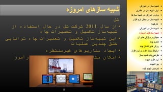 8 
شبیه ساز در آموزش  
نیاز شبیه ساز در حفاری  
برتری آموزش در شبیه سازها  
شبیه ساز در بخش نرم افزار  
تارخچه  
شبیه ساز در آموزش  
شبیه سازهای امروزه  
سیلان و ویژگی های آن  
کنترل چاه  
روش های کشتن چاه  
ارتباط سخت افزار و نرم افزار  
طراحی یک شبیه ساز  
نرم افزار کیوت  
چرا کیوت  
کارهای انجام شده  
 