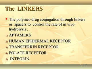 TThhee LLIINNKKEERRSS 
 TThhee ppoollyymmeerr--ddrruugg ccoonnjjuuggaattiioonn tthhrroouugghh lliinnkkeerrss 
oorr ssppaacceerrss ttoo ccoonnttrrooll tthhee rraattee ooff iinn vviivvoo 
hhyyddrroollyyssiiss .. 
11)) AAPPTTAAMMEERRSS 
22)) HHUUMMAANN EEPPIIDDEERRMMAALL RREECCEEPPTTOORR 
33)) TTRRAANNSSFFEERRRRIINN RREECCEEPPTTOORR 
44)) FFOOLLAATTEE RREECCEEPPTTOORR 
55)) IINNTTEEGGRRIINN 
2255 
 