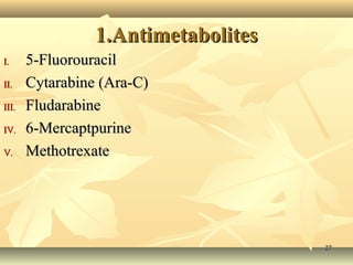 11..AAnnttiimmeettaabboolliitteess 
II.. 55--FFlluuoorroouurraacciill 
IIII.. CCyyttaarraabbiinnee ((AArraa--CC)) 
IIIIII.. FFlluuddaarraabbiinnee 
IIVV.. 66--MMeerrccaappttppuurriinnee 
VV.. MMeetthhoottrreexxaattee 
2277 
 