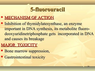 55--fflluuoorroouurraacciill 
 MMEECCHHAANNIISSMM OOFF AACCTTIIOONN 
 IInnhhiibbiittiioonn ooff tthhyymmiiddyyllaatteessyynntthhaassee,, aann eennzzyymmee 
iimmppoorrttaanntt iinn DDNNAA ssyynntthheessiiss,, iittss mmeettaabboolliittee fflluuoorroo-- 
ddeeooxxyyuurriiddiinneettrriipphhoosspphhaattee ggeettss iinnccoorrppoorraatteedd iinn DDNNAA 
aanndd ccaauusseess iittss bbrreeaakkaaggee 
MMAAJJOORR TTOOXXIICCIITTYY 
 BBoonnee mmaarrrrooww ssuupppprreessssiioonn,, 
 GGaassttrrooiinntteessttiinnaall ttooxxiicciittyy 
2288 
 