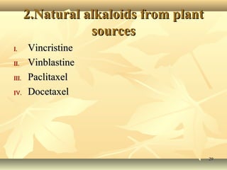 22..NNaattuurraall aallkkaallooiiddss ffrroomm ppllaanntt 
ssoouurrcceess 
II.. VViinnccrriissttiinnee 
IIII.. VViinnbbllaassttiinnee 
IIIIII.. PPaacclliittaaxxeell 
IIVV.. DDoocceettaaxxeell 
2299 
 