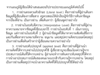 จากแผนภูมิผู้เขียนได้นาเสนอและอภิปรายประกอบแผนภูมิดังต่อไปนี้ 
1. การอ่านตรงตามตัวอักษร (Literal level ) คือการอ่านที่ผู้อ่านค้นหา 
ข้อมูลที่ผู้เขียนต้องการสื่อสาร ครูควรสอนให้นักเรียนรู้จักวิธีการค้นหาข้อมูล 
จากเรื่องที่อ่าน เป็นการอ่าน เพื่อค้นหาว่า ผู้เขียนพูดว่าอย่างไร 
2. การอ่านในระดับตีความ ( Interpretative Level) คือการอ่านที่ผู้อ่าน 
หาความหมายจากข้อมูลที่เขียนบอกไว้ การอ่านในระดับที่ 1 เน้นการระบุ 
ข้อมูล แต่การอ่านในระดับที่ 2 ผู้อ่านนาข้อมูลที่ได้มาหาความสัมพันธ์ซงึ่การ 
และกันเพื่อหาความหมายตีความ อนุมาน และสรุปความคิดรวบยอดโดยสรุป 
เป็นการอ่านเพื่อค้นคว้าหาว่าผู้เขียนหมายความว่าอย่างไร 
3. การอ่านระดับประยุกต์ (applied level) คือการอ่านที่ผู้อ่านนา 
ความคิดที่ได้จากบทอ่านไปประยุกต์ใช้ ผู้เชี่ยวชาญจะเชื่อมโยงความรู้จาก 
ประสบการณ์เดมิที่ได้จากบทอ่าน ผู้อ่านจะทาการสังเคราะห์บทสรุปที่ได้จาก 
การนาเอาประสบการณ์เดมิของตนมาผนวกเข้ากับความรู้จากบทอ่าน โดยสรุป 
เป็นการอ่านเพื่อสรุปว่าจะนาเอาความคิดที่ได้ไปประยุกต์ใช้ได้อย่างไร 
 