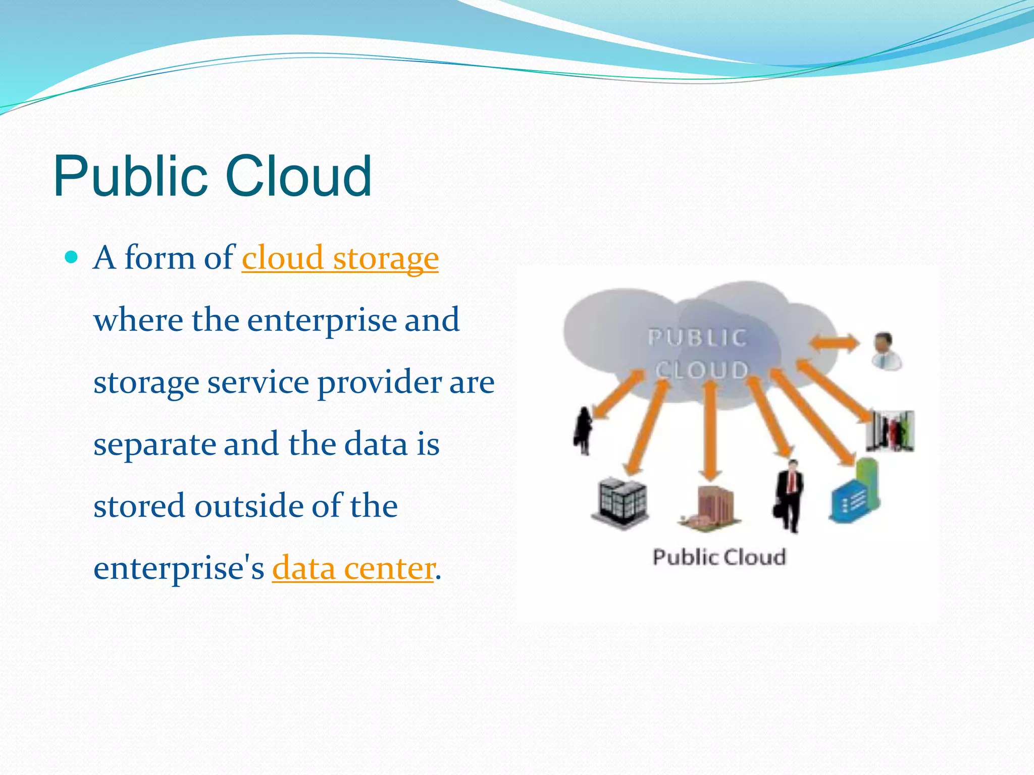 Public Cloud 
 A form of cloud storage 
where the enterprise and 
storage service provider are 
separate and the data is 
stored outside of the 
enterprise's data center. 
 