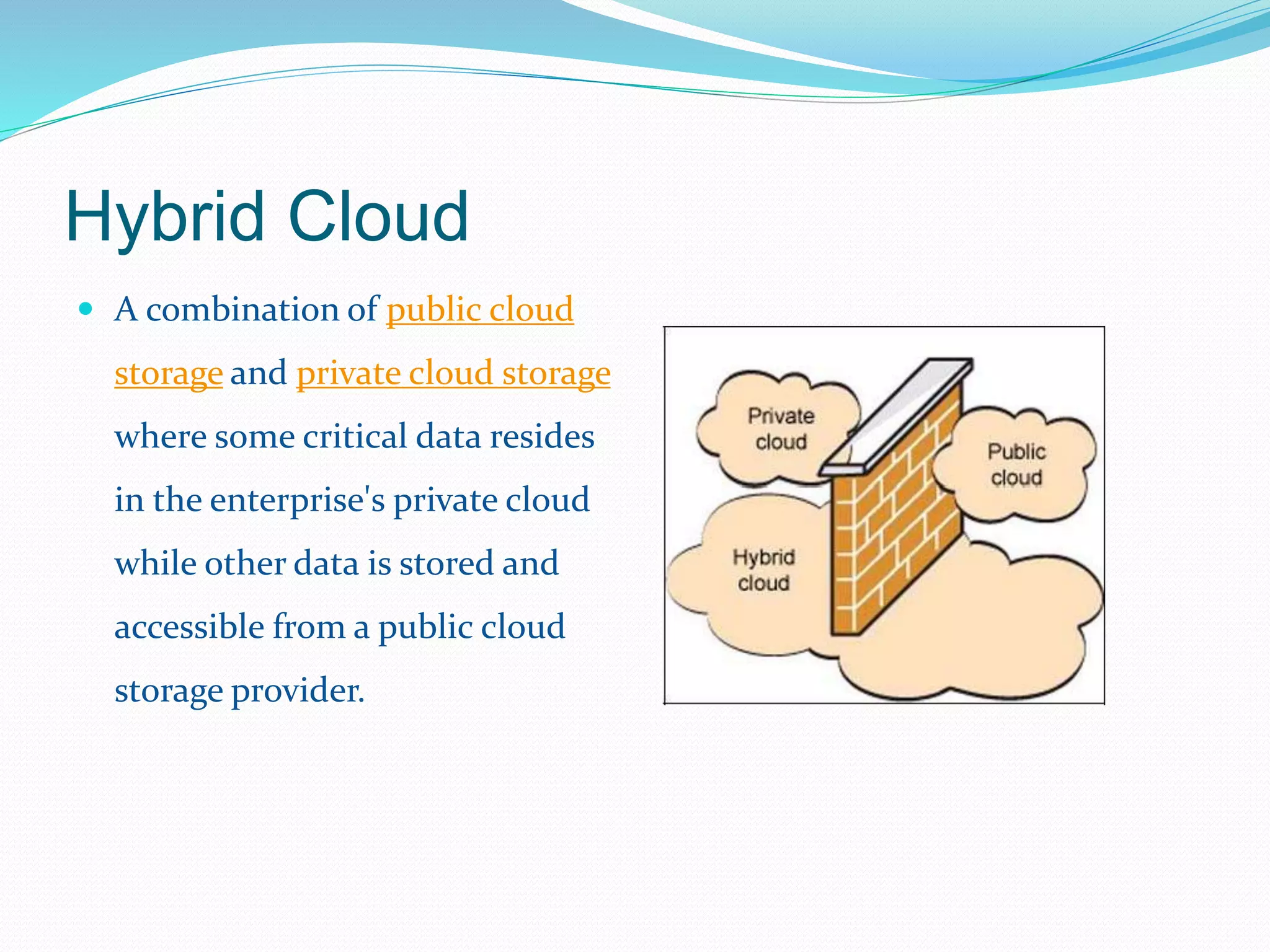 Hybrid Cloud 
 A combination of public cloud 
storage and private cloud storage 
where some critical data resides 
in the enterprise's private cloud 
while other data is stored and 
accessible from a public cloud 
storage provider. 
 